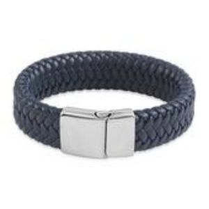 Black Leather Stainless Steel Braided Bracelet (9.00 In)